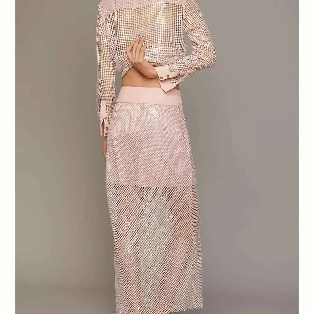 New Anthropologie Pilcro Chainmail Pale Pink Column Mesh Skirt - Picture 4 of 8